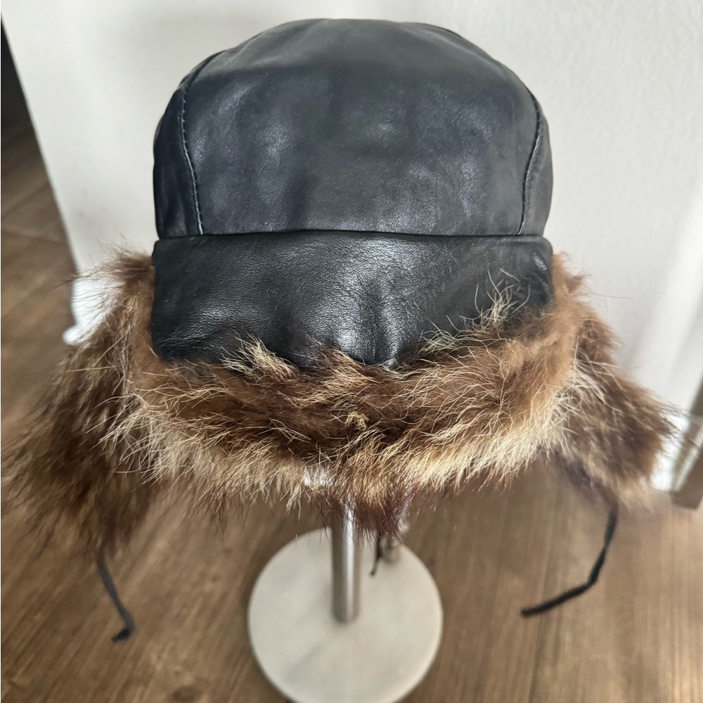 Black and Brown Leather Hat with Fur Trim (Finland)